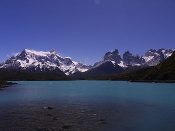 Scenic view of snowcapped mountains against blue sky. torres del paine mountains, chile