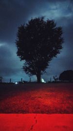 Silhouette trees on field against sky at night