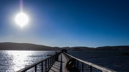 Scenic view of lake against clear blue sky