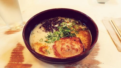 High angle view of soup in bowl