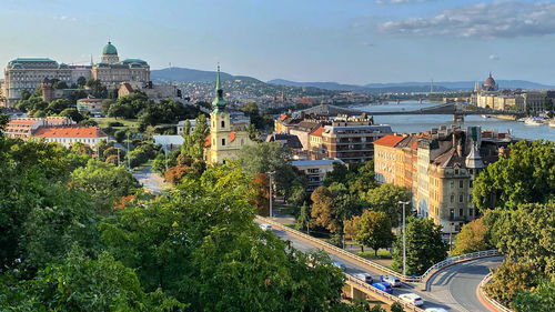 High angle view of buildings in city