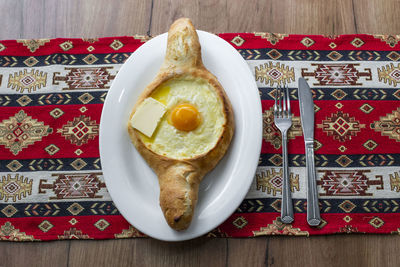 High angle view of breakfast on table