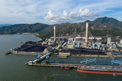 High angle view of harbor against sky