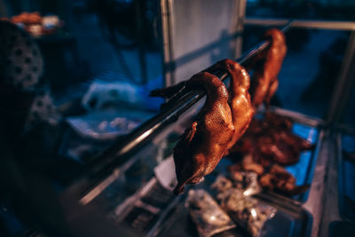 Close-up of meat on barbecue grill