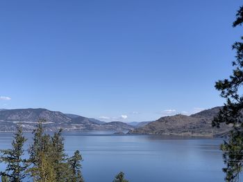 Scenic view of lake and mountains against clear blue sky