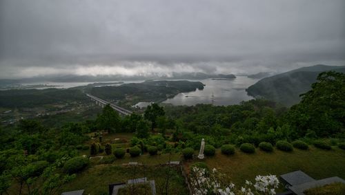 Scenery of the river and mountains on the cemetery hill