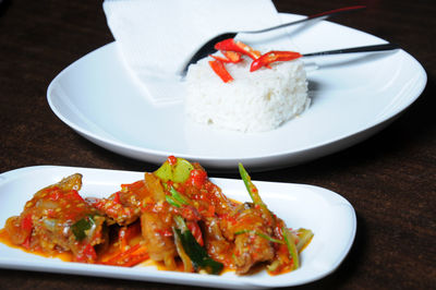 Close-up of food in plate on table