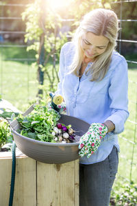 Woman washing root vegetables in basket at garden