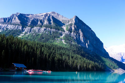 Scenic view of lake by mountain against sky