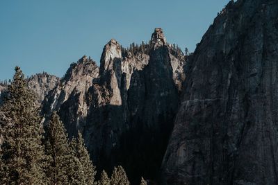 Low angle view of rocks against clear sky