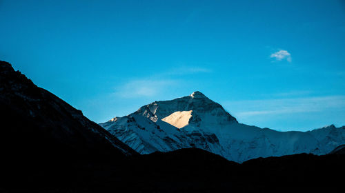 Scenic view of mountains against blue sky