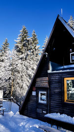 House by trees against clear sky during winter