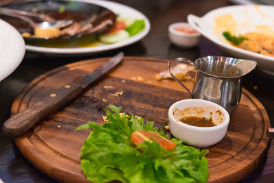 High angle view of meal served on table