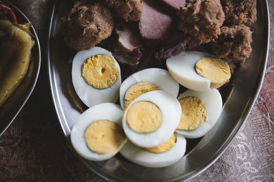 High angle view of breakfast on table