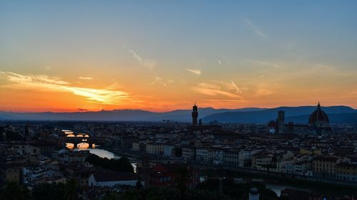 High angle view of townscape against sky during sunset