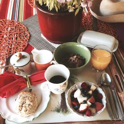 High angle view of breakfast on table at home