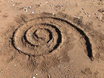 High angle view of text on sand