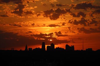 Silhouette of city at sunset