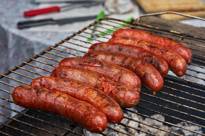 Close-up of meat on barbecue grill