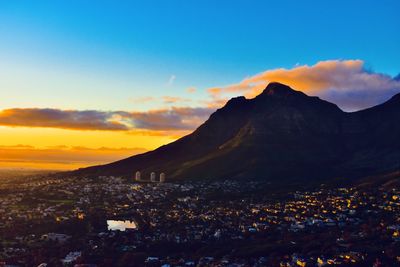 Aerial view of cityscape against sky during sunset