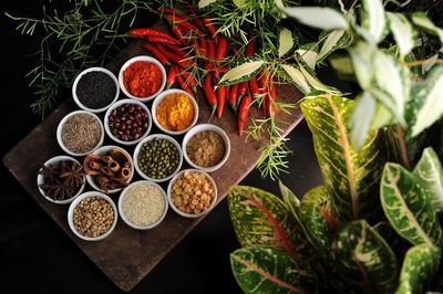 Close-up of red chili peppers on table