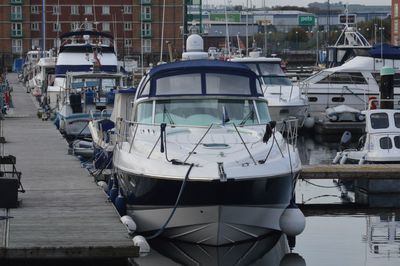 Boats moored in row