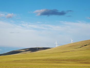 Wind turbines on grassy field against sky