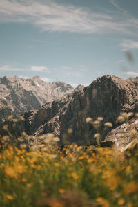 Scenic view of rocky mountains against sky