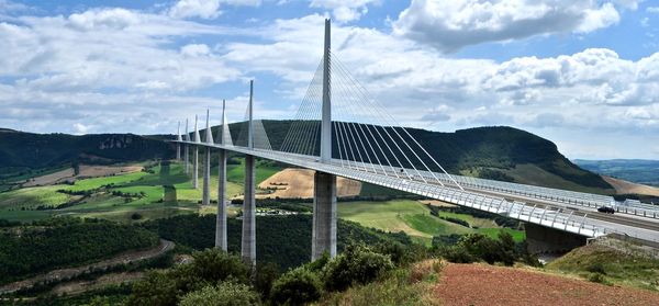 Cable-stayed bridge on field against sky