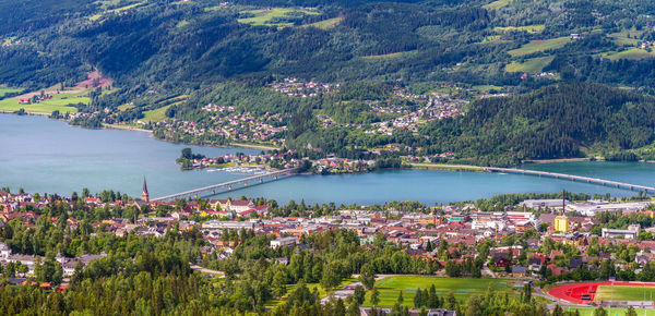 High angle view of river amidst buildings in city