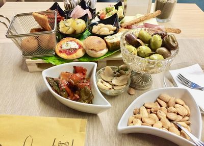 High angle view of fruits in basket on table