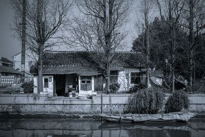 Houses and bare trees by building during winter