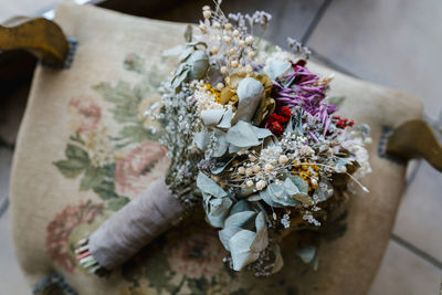 High angle view of flower bouquet on table