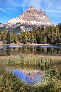 Scenic view of lake and mountains against sky