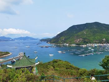 High angle view of bay against sky