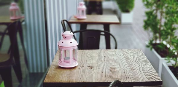 Close-up of bottles on table in restaurant