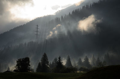 Panoramic view of trees and mountains against sky