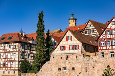 The historic old town of schwaebisch hall consists of a large number of half-timbered houses