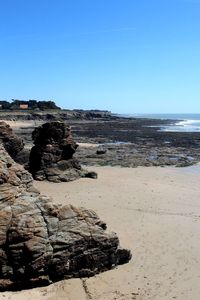 Scenic view of sea against clear blue sky