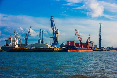 Commercial dock against blue sky