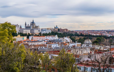 High angle view of townscape against sky in city