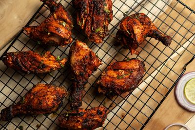 High angle view of food on barbecue grill