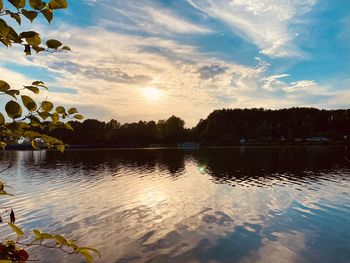 Scenic view of lake against sky at sunset