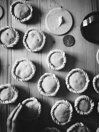 High angle view of shells on table