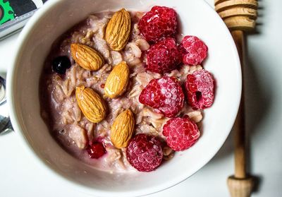 Close-up of strawberries porridge in a bowl