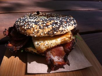 Close-up of burger on table