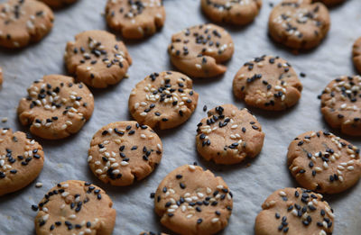 High angle view of cookies on table