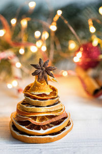 Close-up of christmas decoration made of orange slices