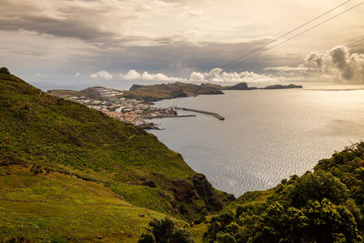 Scenic view of sea and mountains against sky