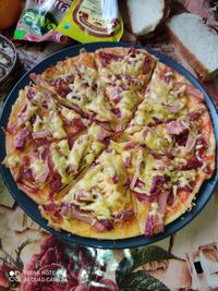 High angle view of pizza on table